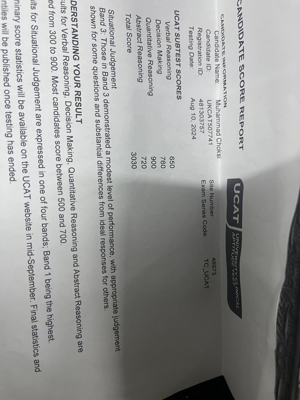 Muhammed's 2024 UCAT score report — 3030