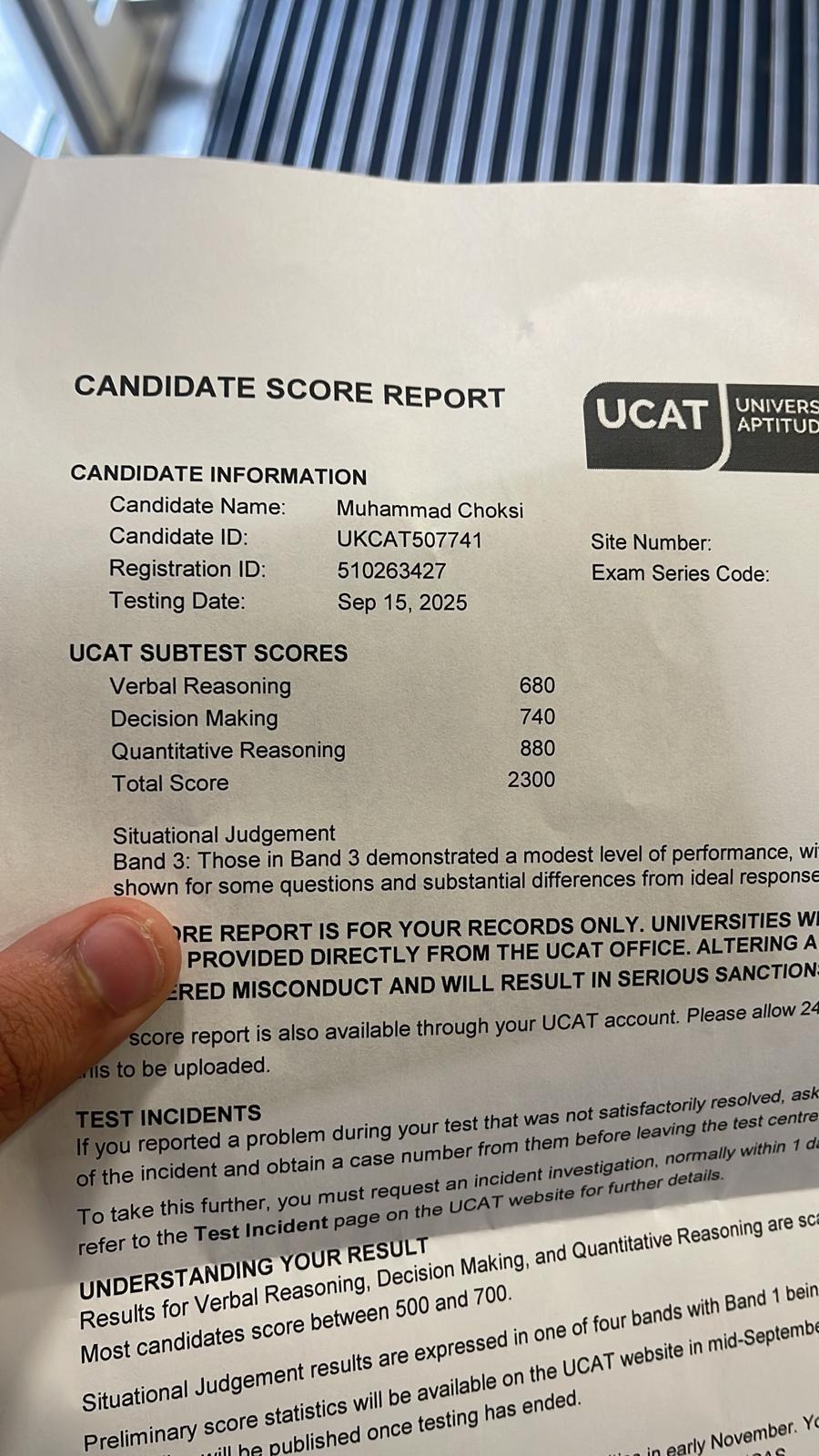 Muhammed's 2025 UCAT score report — 2300
