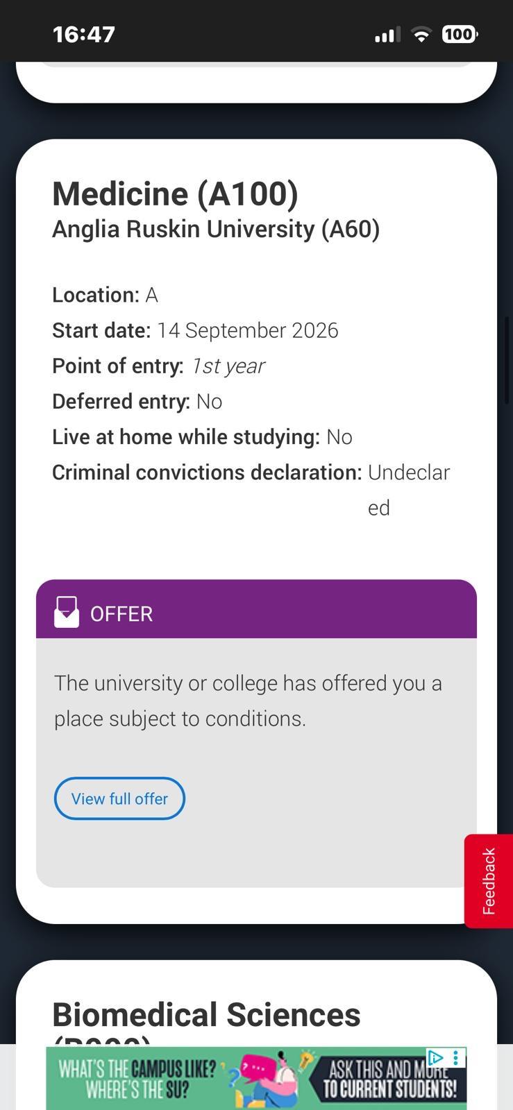 Medicine (A100) offer from Anglia Ruskin University