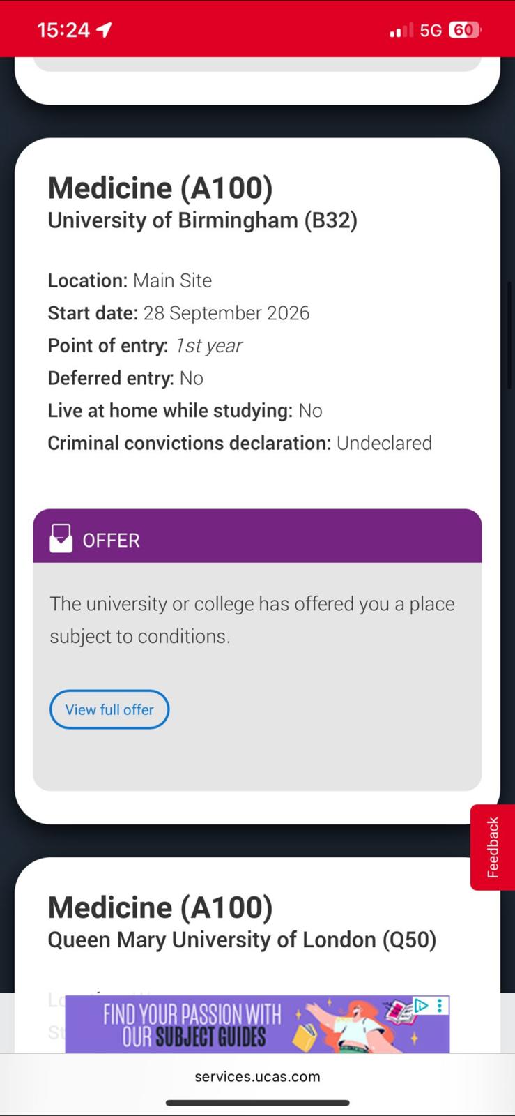 Medicine (A100) offer from University of Birmingham
