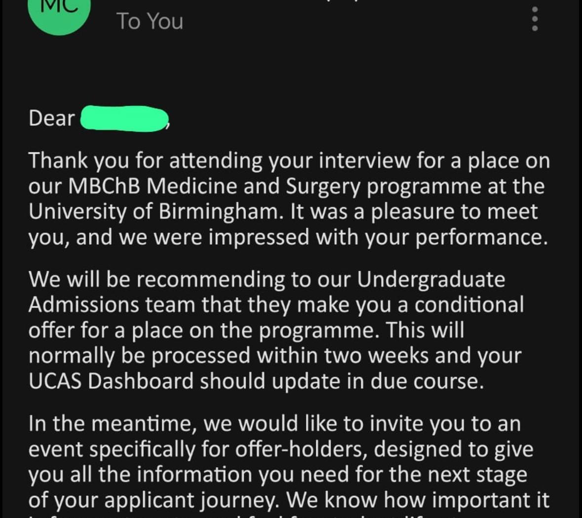 Medicine (MBChB) — Recommended offer from University of Birmingham