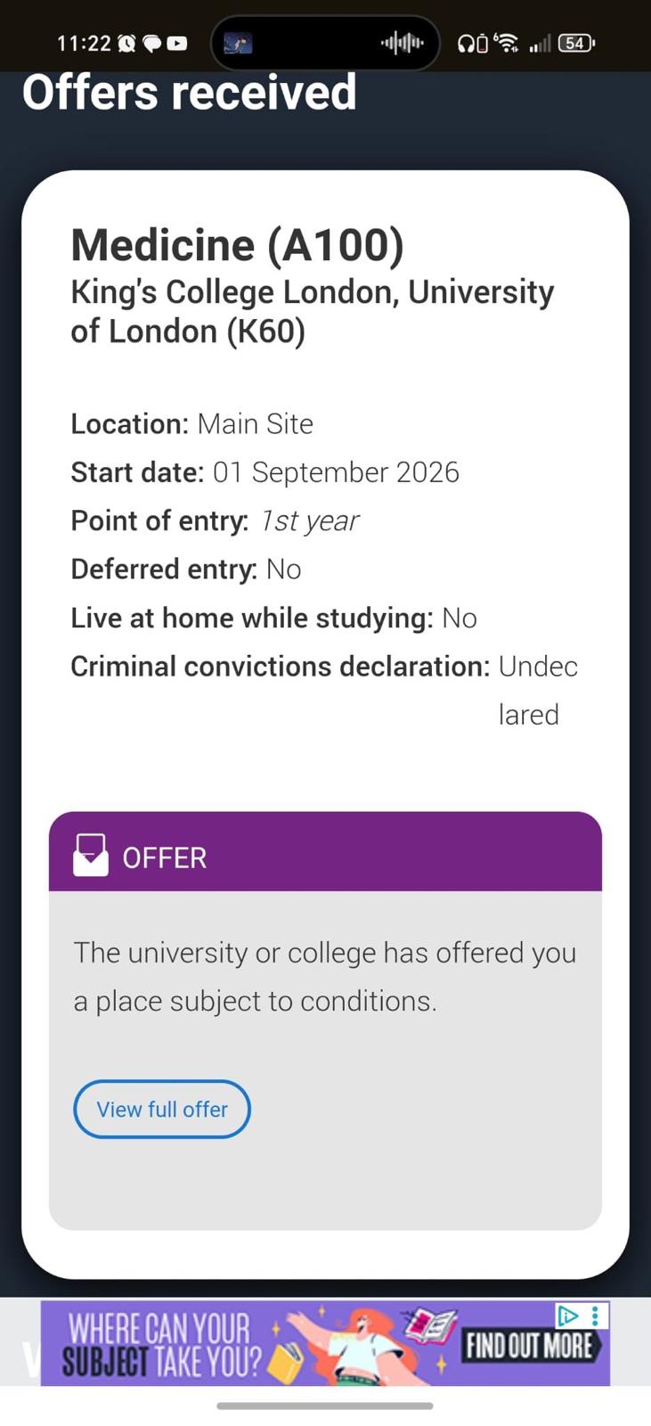 Medicine (A100) offer from King's College London