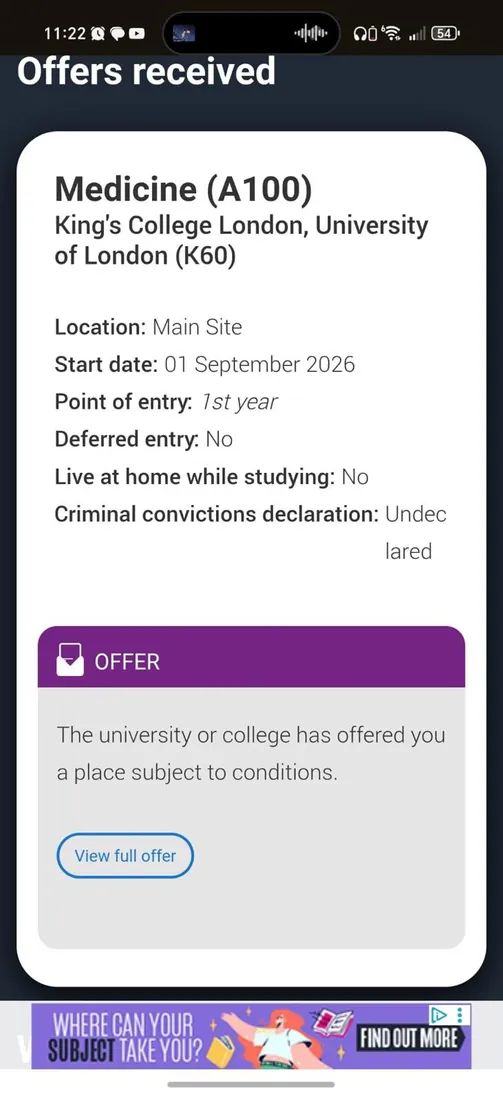 University offer screenshot — Medicine (A100) at King's College London