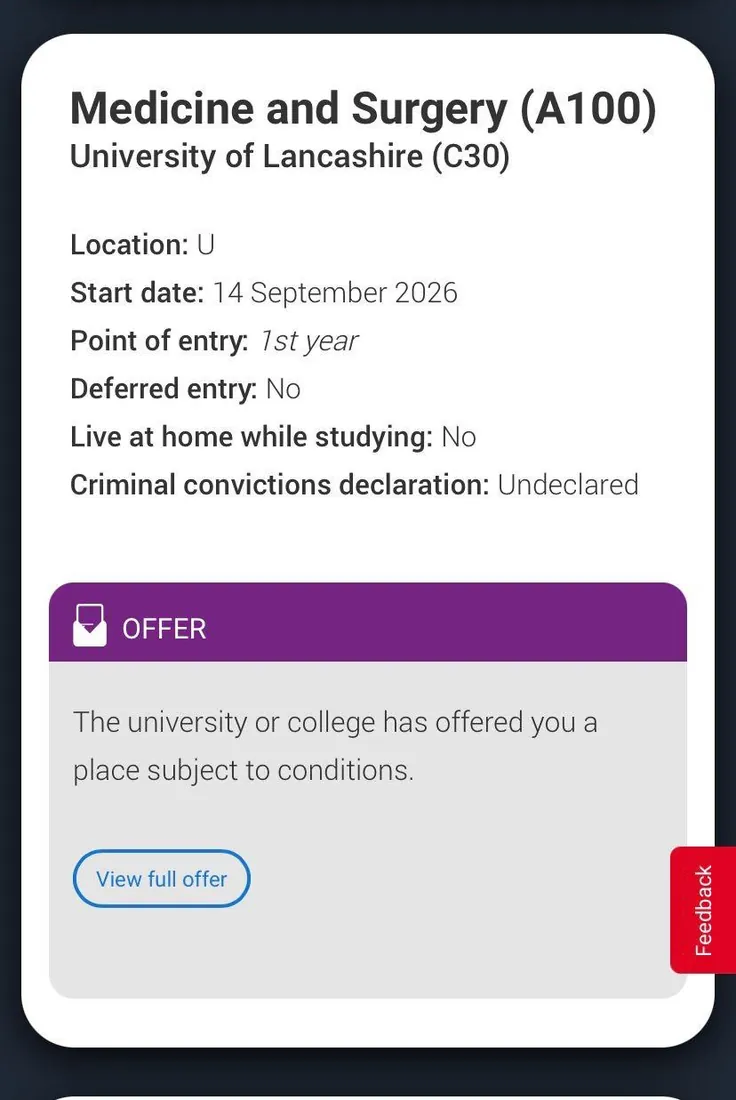 University offer screenshot — Medicine and Surgery (A100) at University of Lancashire