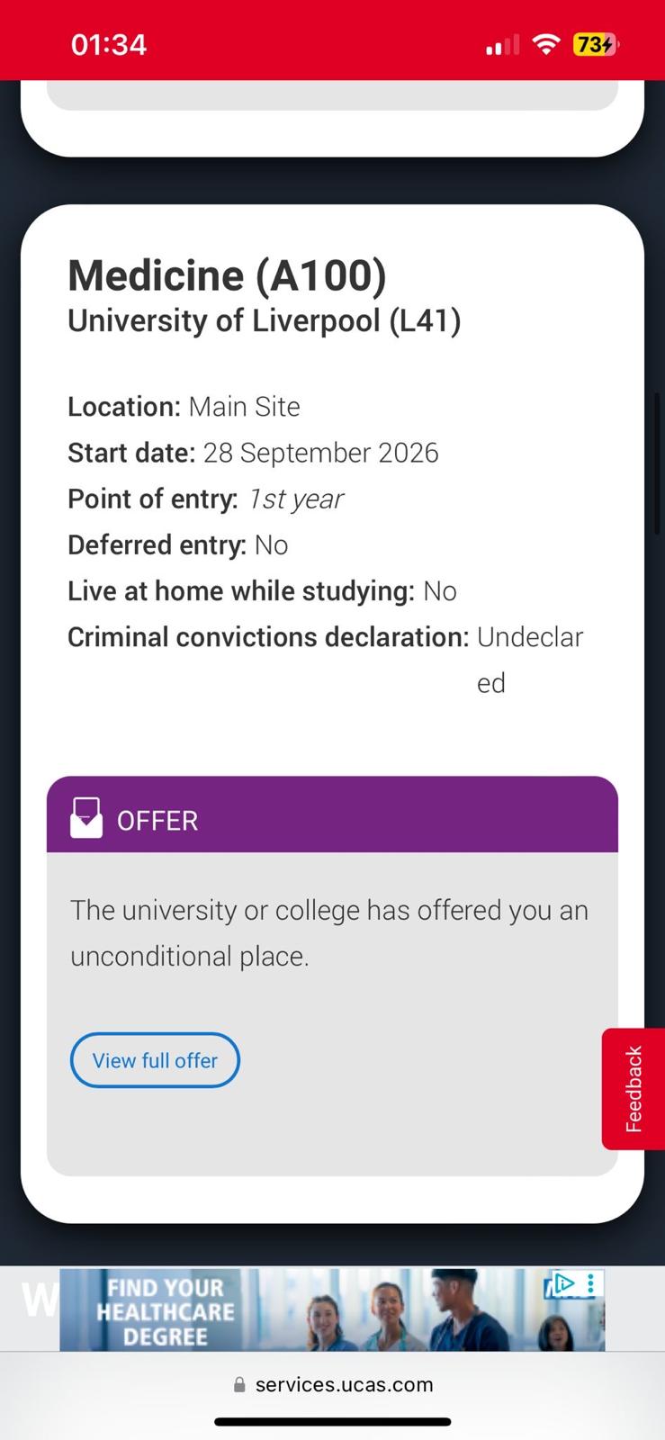 Medicine (A100) — Unconditional offer from University of Liverpool