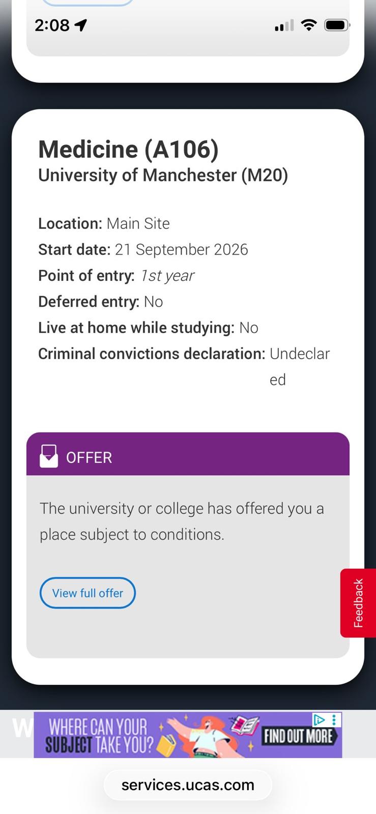 Medicine (A106) offer from University of Manchester