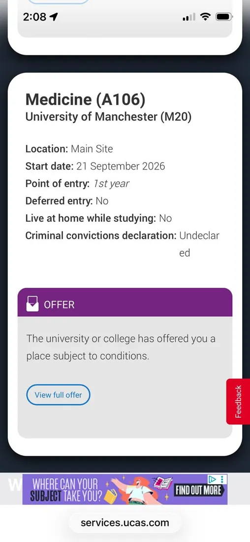 University offer screenshot — Medicine (A106) at University of Manchester