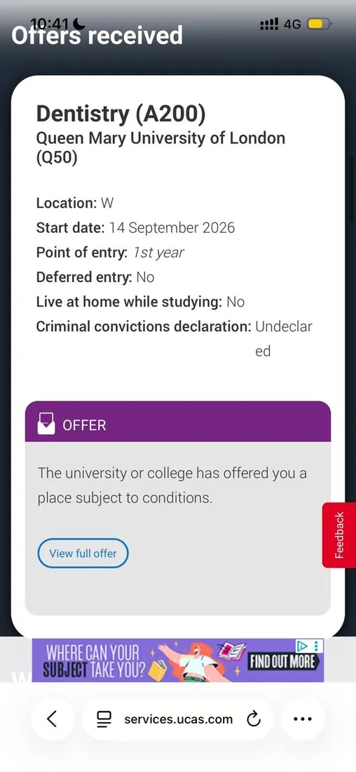 University offer screenshot — Dentistry (A200) at Queen Mary University of London