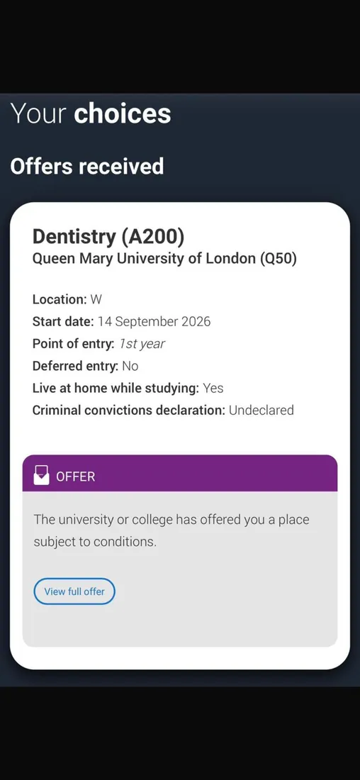 University offer screenshot — Dentistry (A200) at Queen Mary University of London