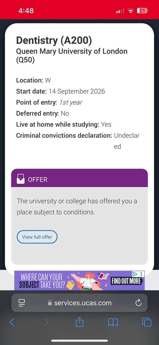 University offer screenshot — Dentistry (A200) at Queen Mary University of London