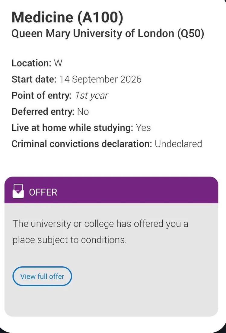 University offer screenshot — Medicine (A100) at Queen Mary University of London