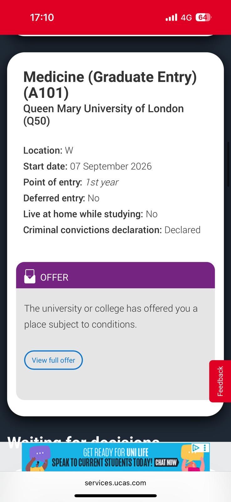 Medicine Graduate Entry (A101) offer from Queen Mary University of London