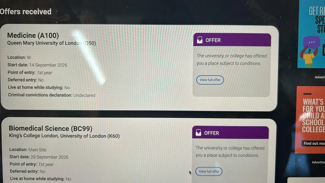 University offer screenshot — Medicine (A100) + Biomed (KCL) at QMUL & King's College London