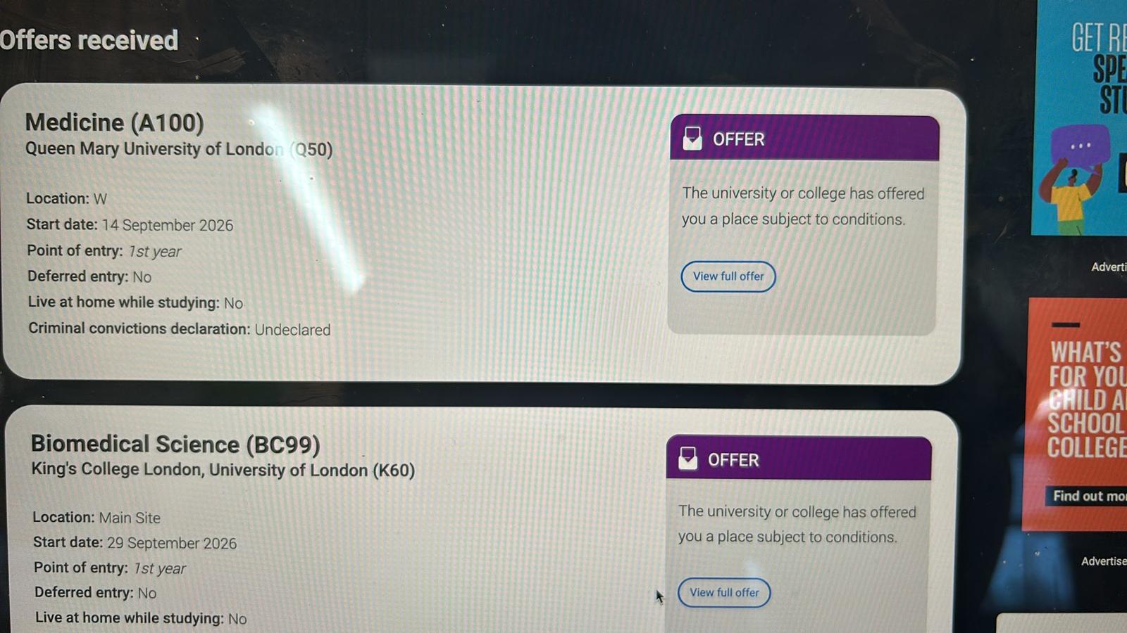Medicine (A100) + Biomed (KCL) offer from QMUL & King's College London