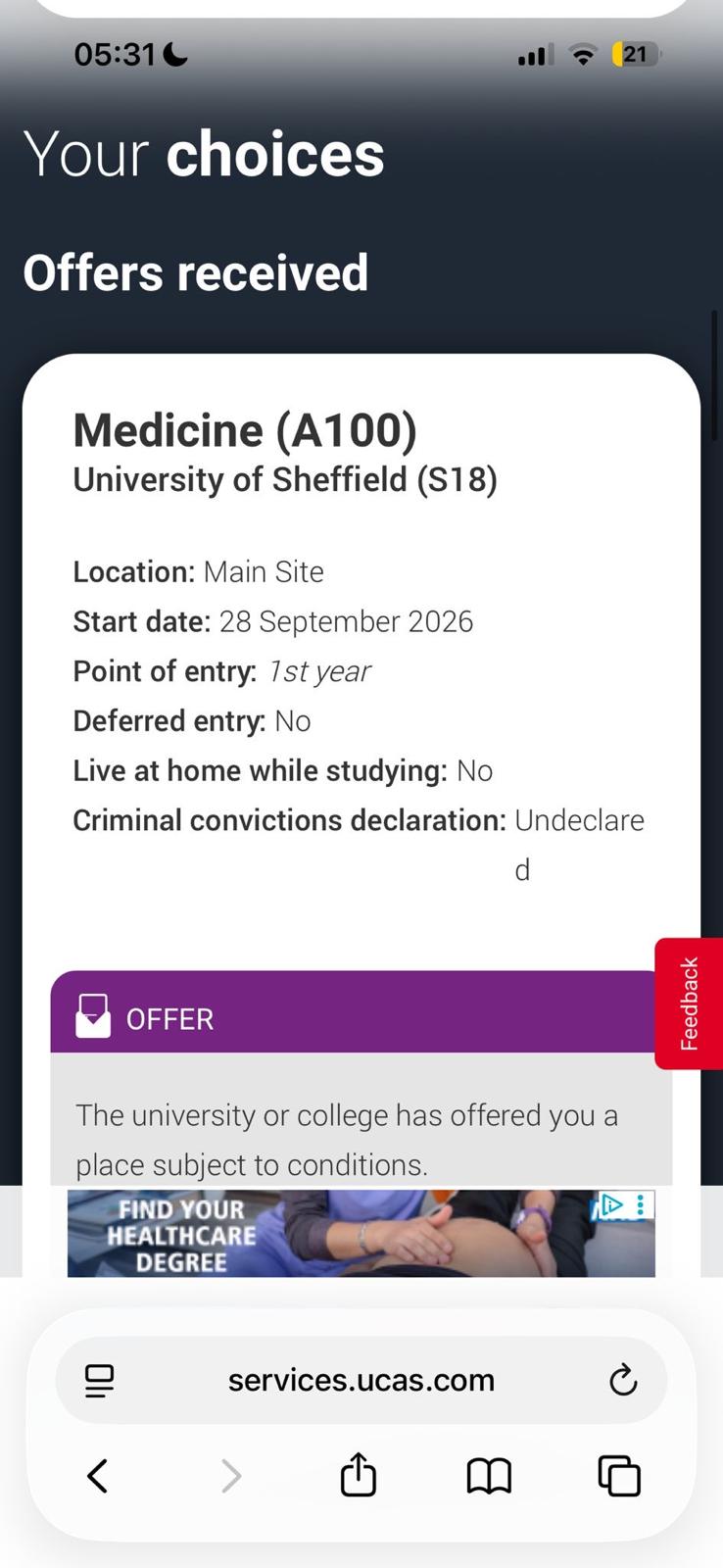 Medicine (A100) offer from University of Sheffield