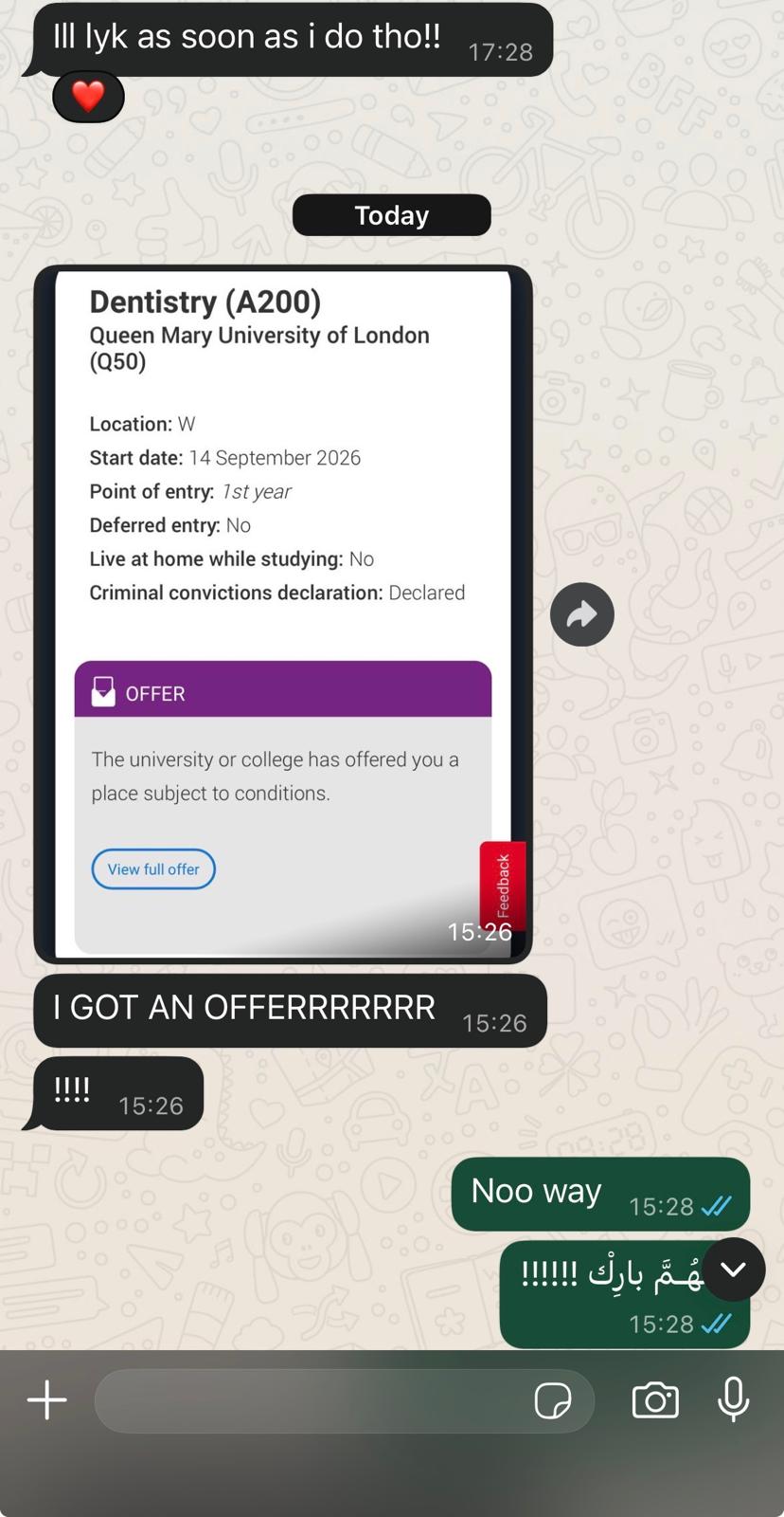 "I GOT AN OFFERRRRRR!!!!" — moments after a Dentistry offer from QMUL came through.