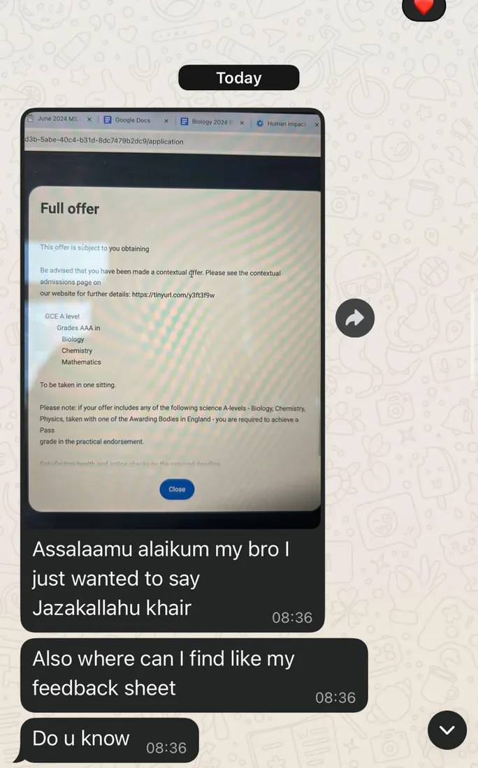 Student message: "Assalaamu alaikum my bro, I just wanted to say Jazakallahu khair." After a full offer came through.