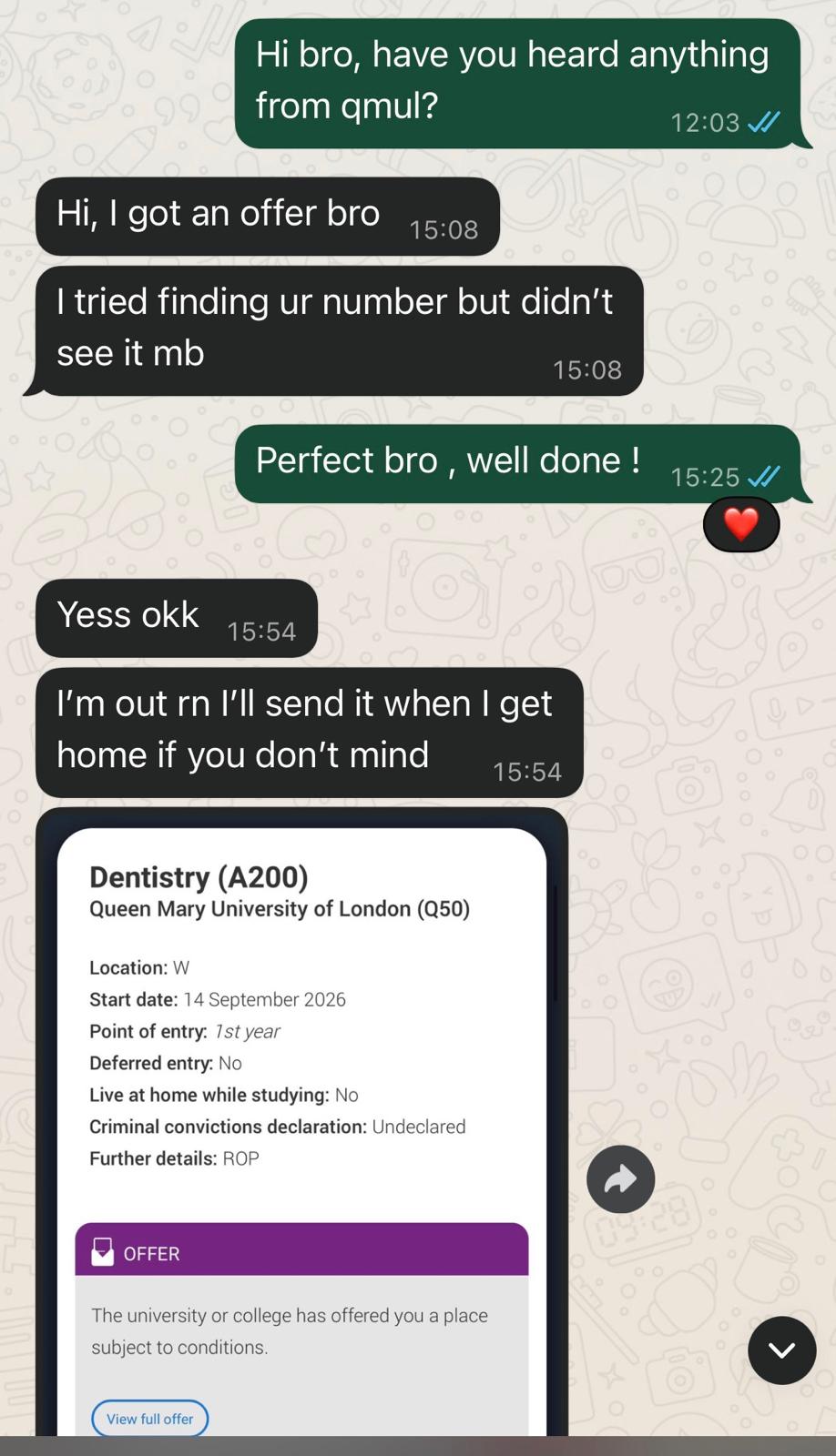 "Hi, I got an offer bro!" — QMUL Dentistry came through.