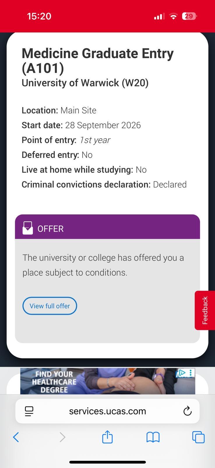 Medicine Graduate Entry (A101) offer from University of Warwick